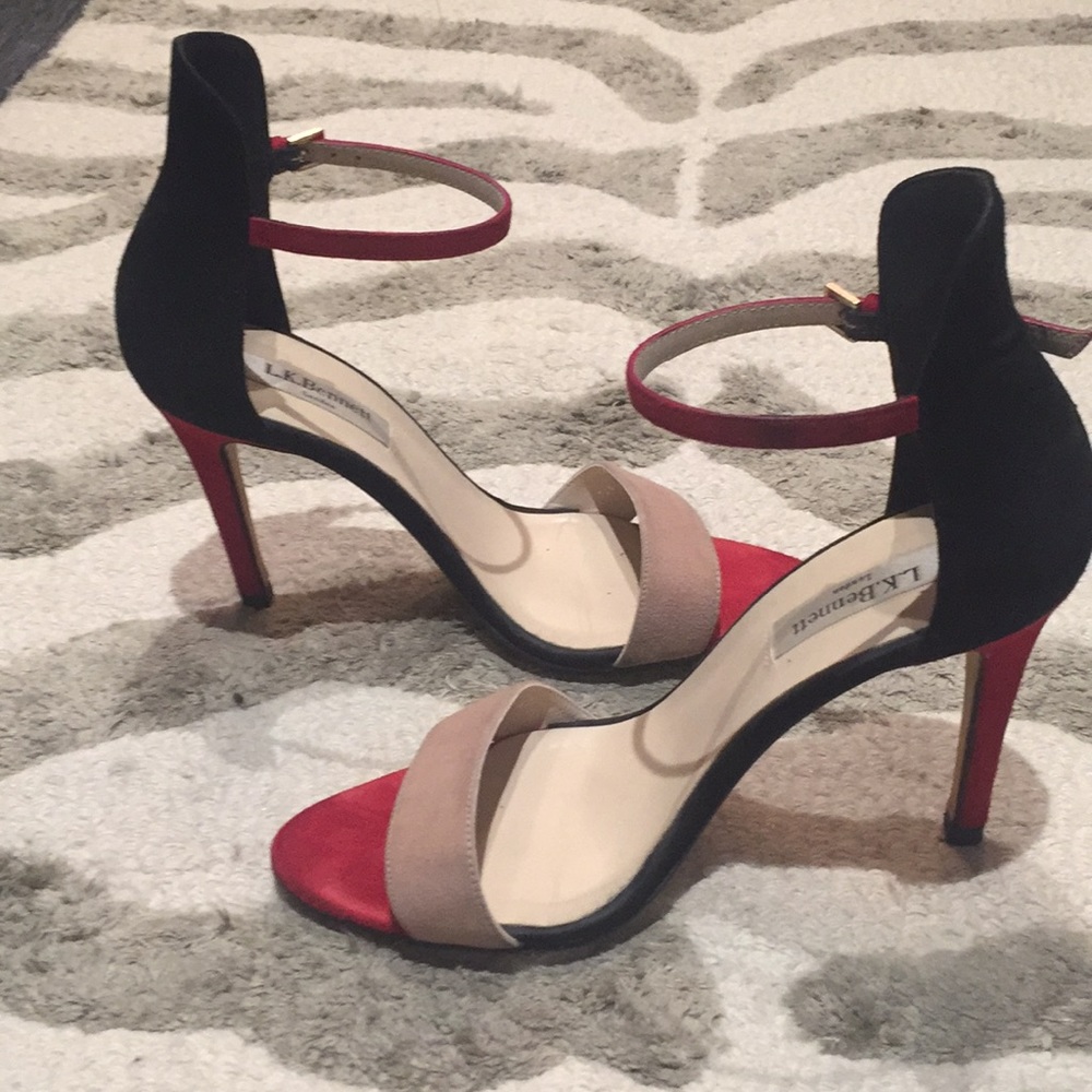 L. K. Bennett red, blk, tan open toe heels